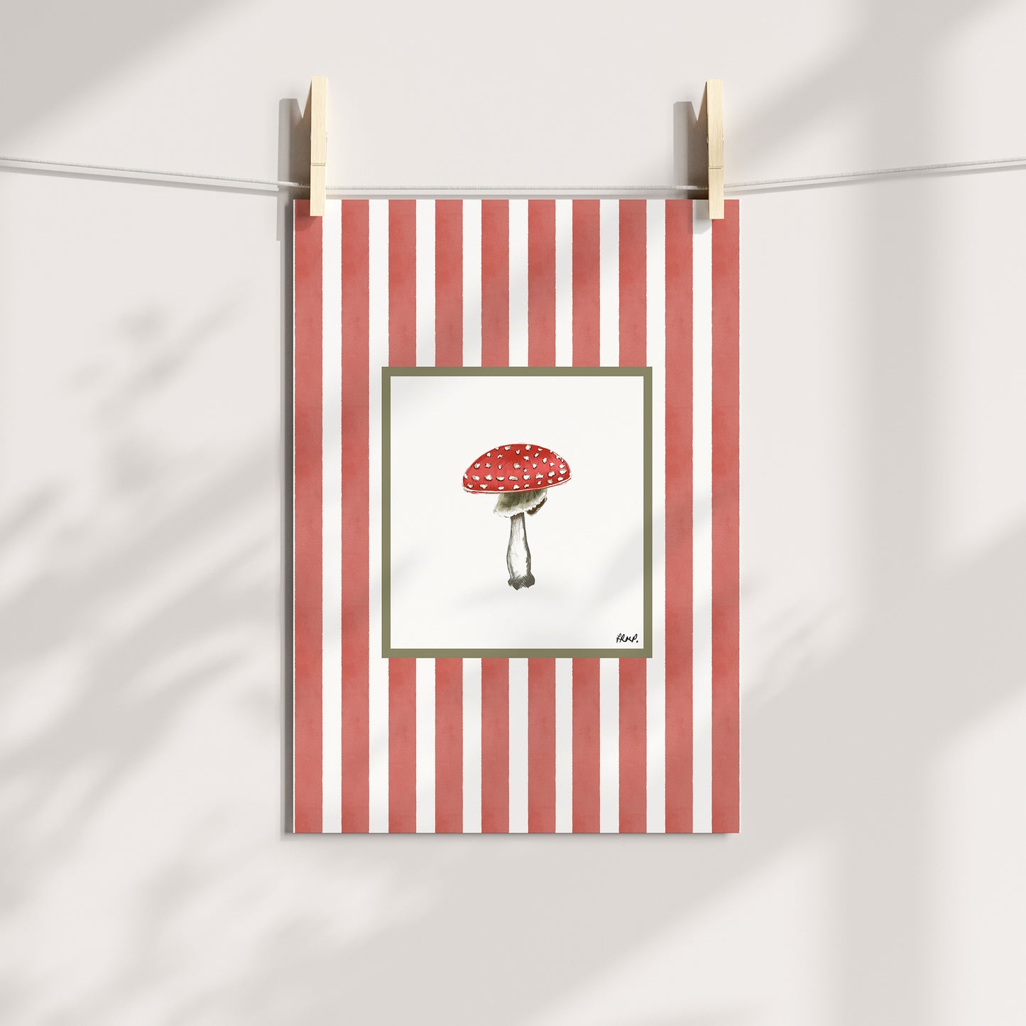 toadstool in colour with red watercolour striped surround - nature art print by cat dearlove