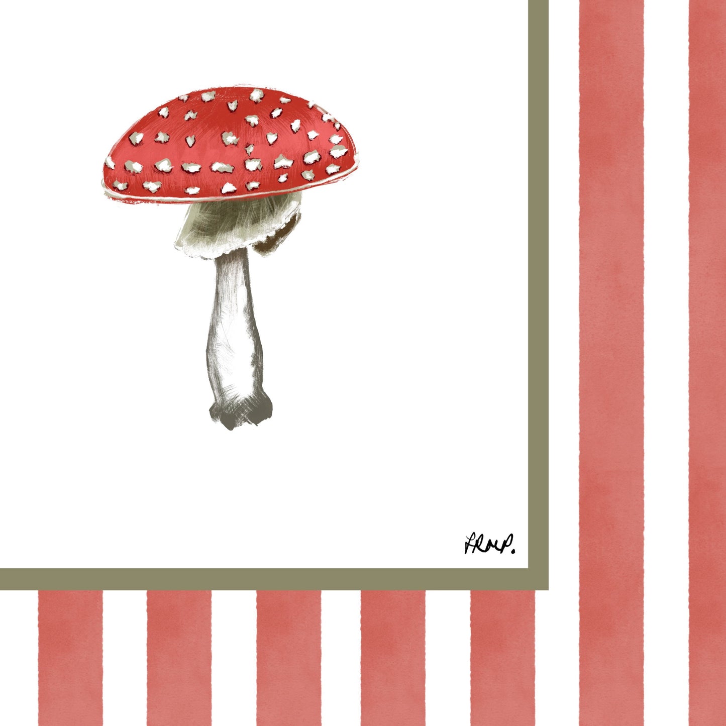 toadstool in colour with red watercolour striped surround - nature art print by cat dearlove