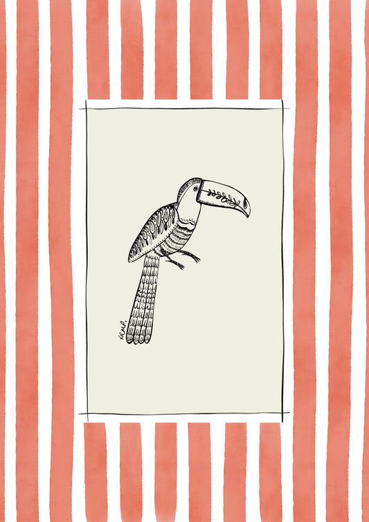 toucan with coral watercolour striped surround - birds art print by cat dearlove