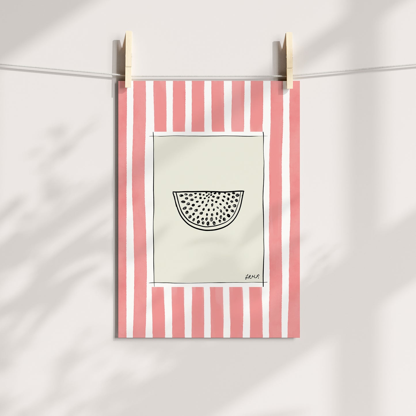 watermelon with coral watercolour striped surround - fruit art print by cat dearlove