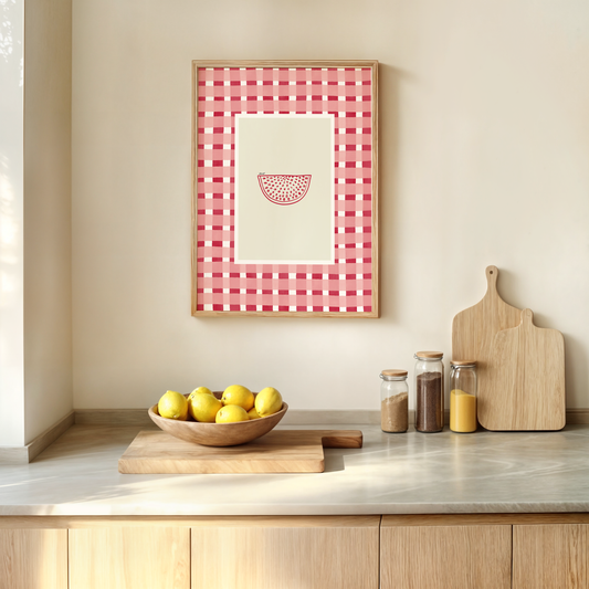 watermelon with coral watercolour striped surround - fruit art print by cat dearlove