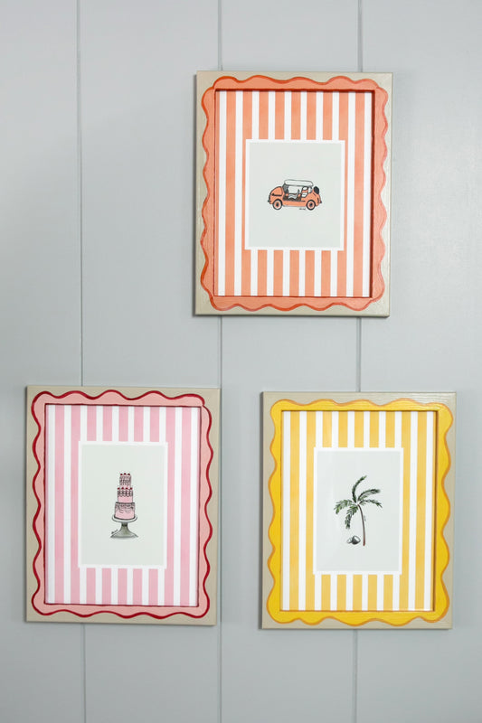 palm tree with pink watercolour striped surround - nature art print by cat dearlove