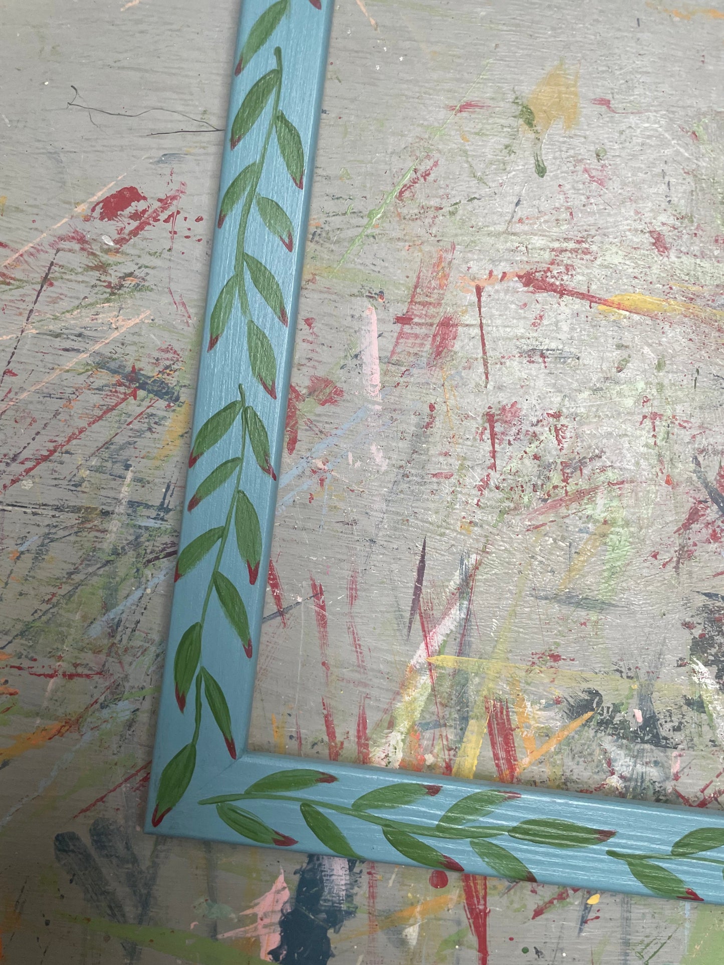 hand-painted frame – green leaves on blue