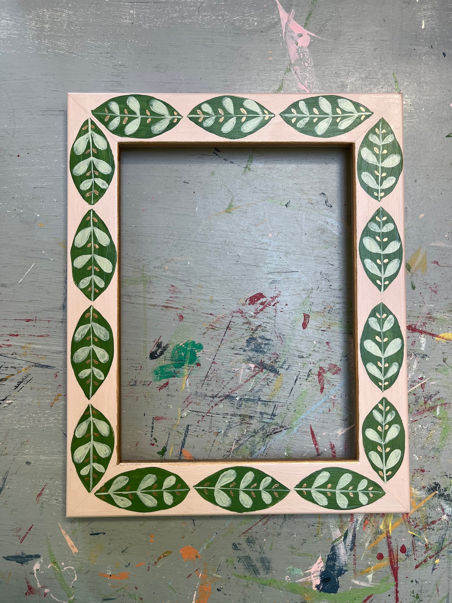 hand-painted frame - soft pink with green leaf motif