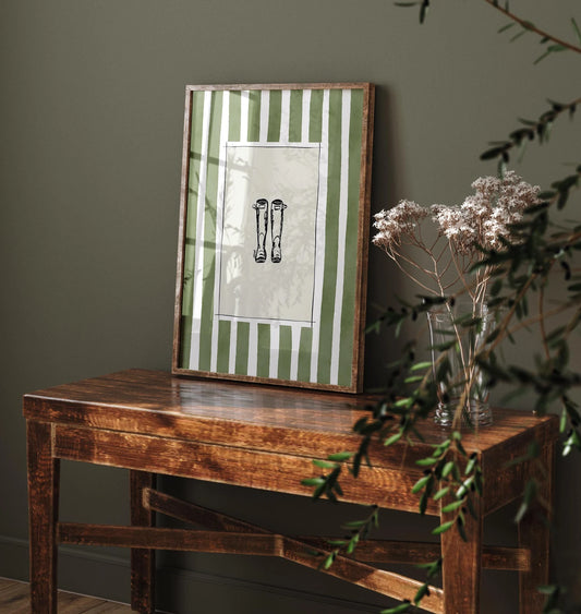 wellies with green watercolour striped surround - art print by cat dear love