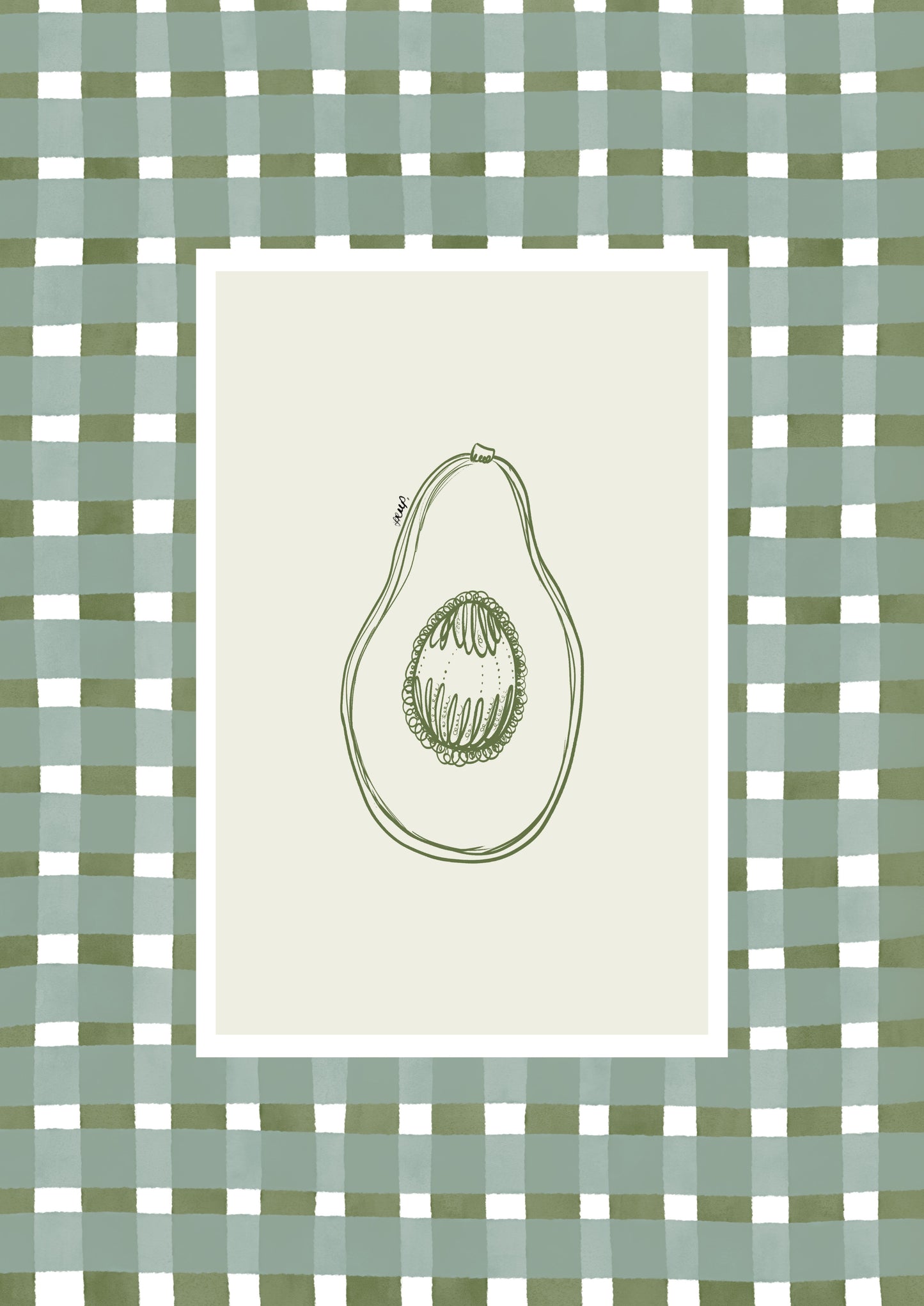avocado with green watercolour check surround - fruit art print by cat dearlove