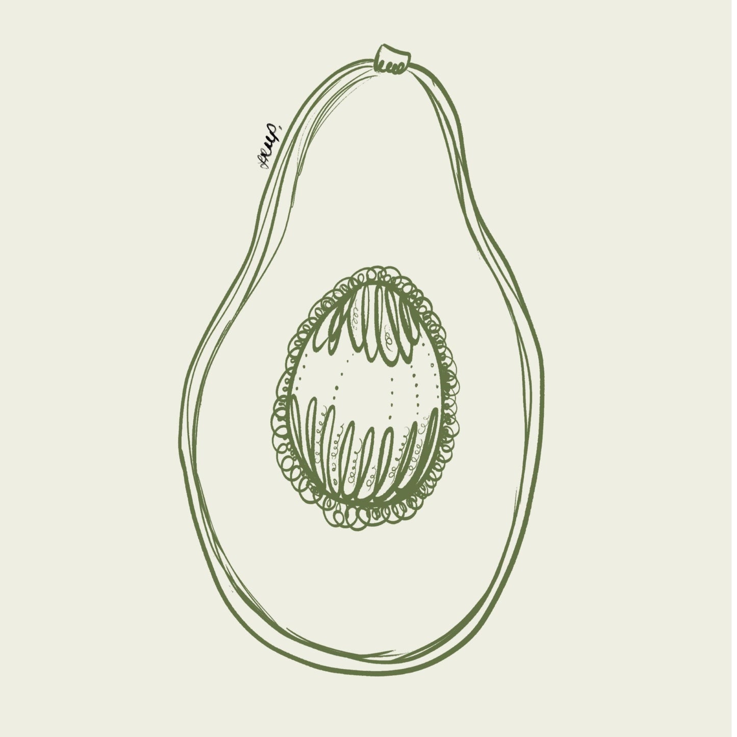 avocado with green watercolour check surround - fruit art print by cat dearlove