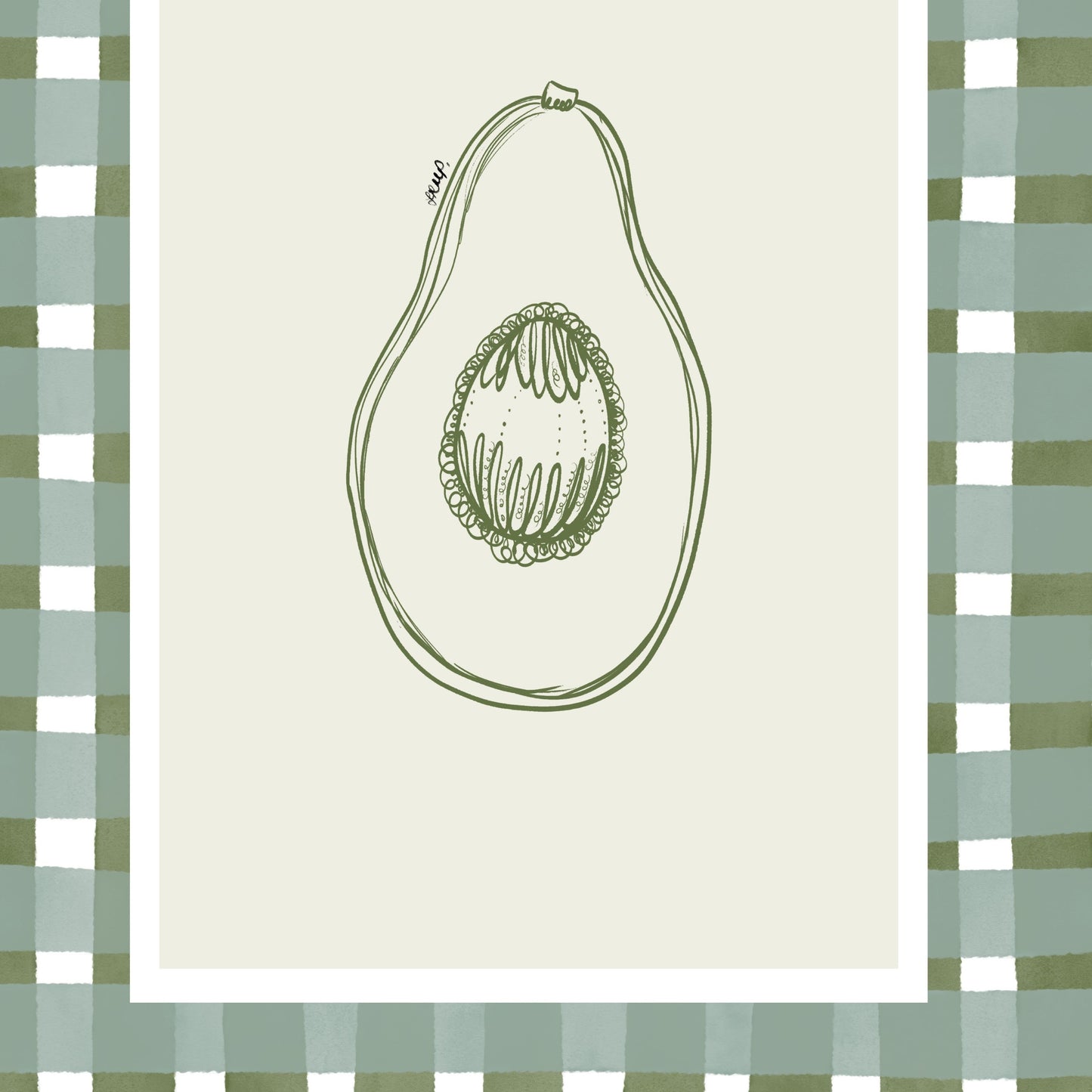 avocado with green watercolour check surround - fruit art print by cat dearlove