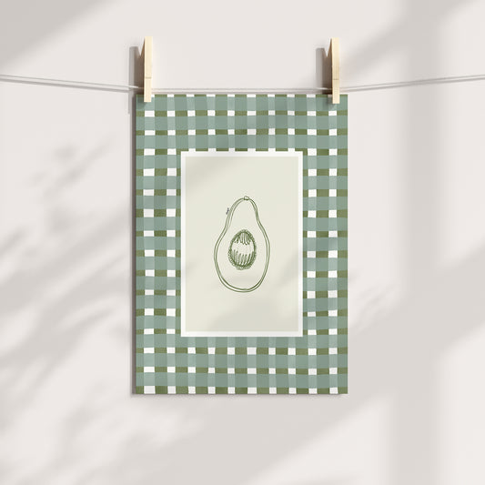 avocado with green watercolour check surround - fruit art print by cat dearlove