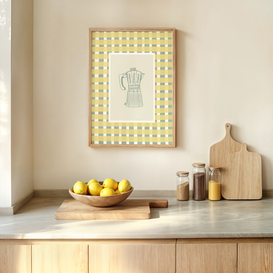 coffee pot with yellow/green watercolour check surround - kitchen art print by cat dearlove
