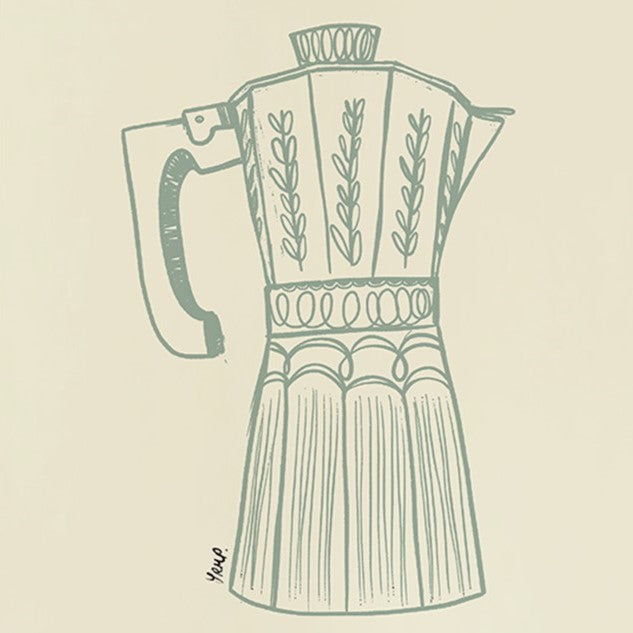 coffee pot with yellow/green watercolour check surround - kitchen art print by cat dearlove