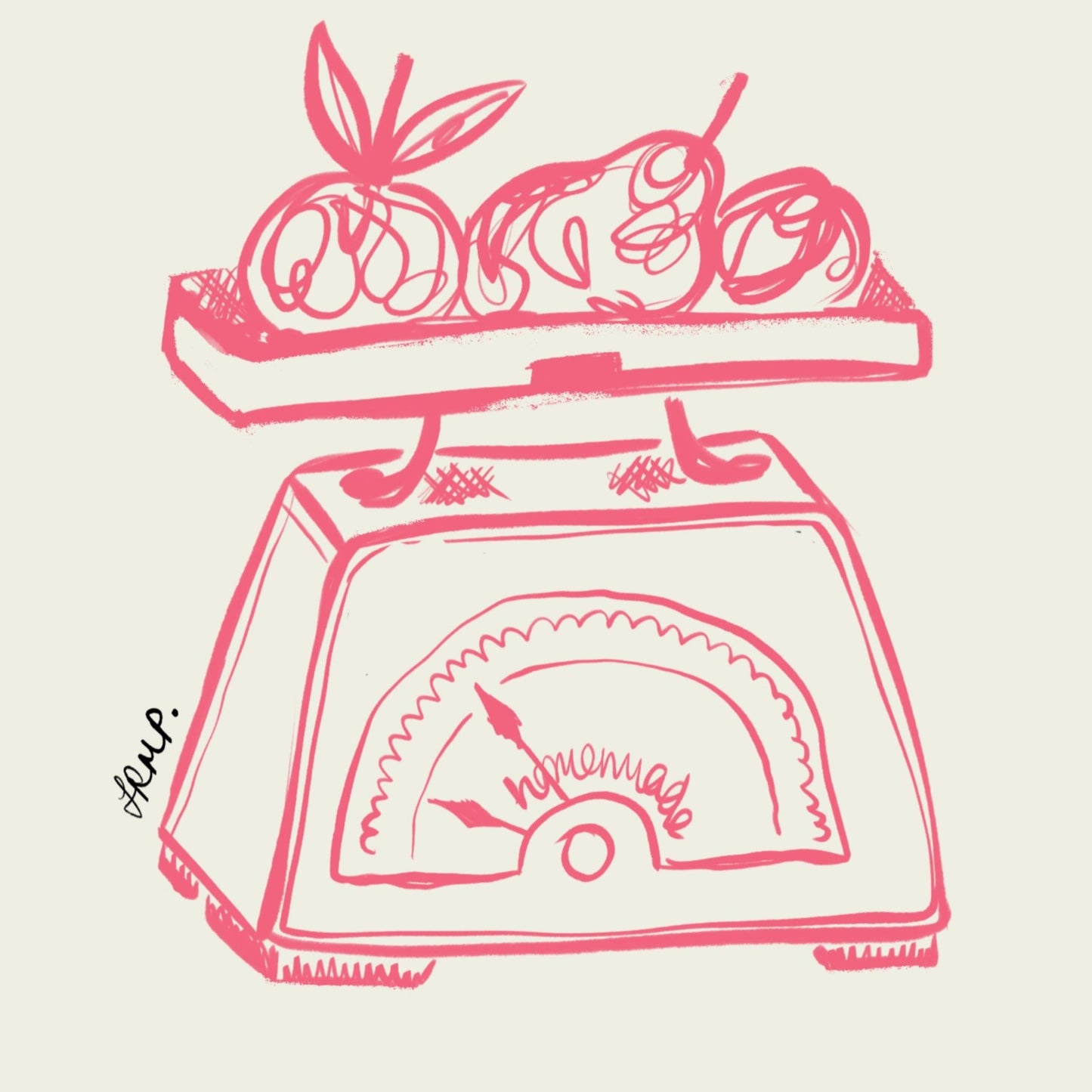 kitchen scales with pink watercolour check surround - kitchen art print by cat dearlove