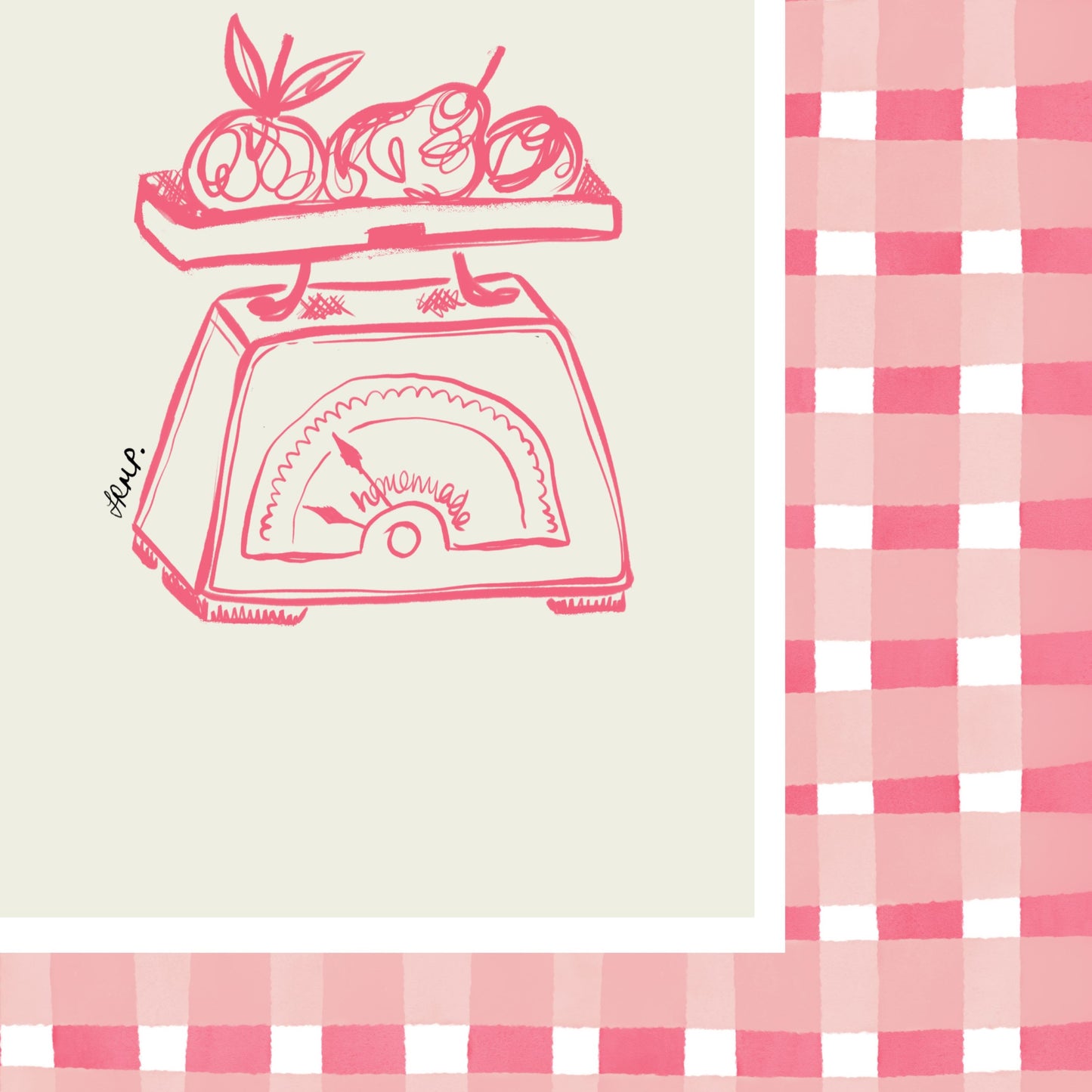 kitchen scales with pink watercolour check surround - kitchen art print by cat dearlove