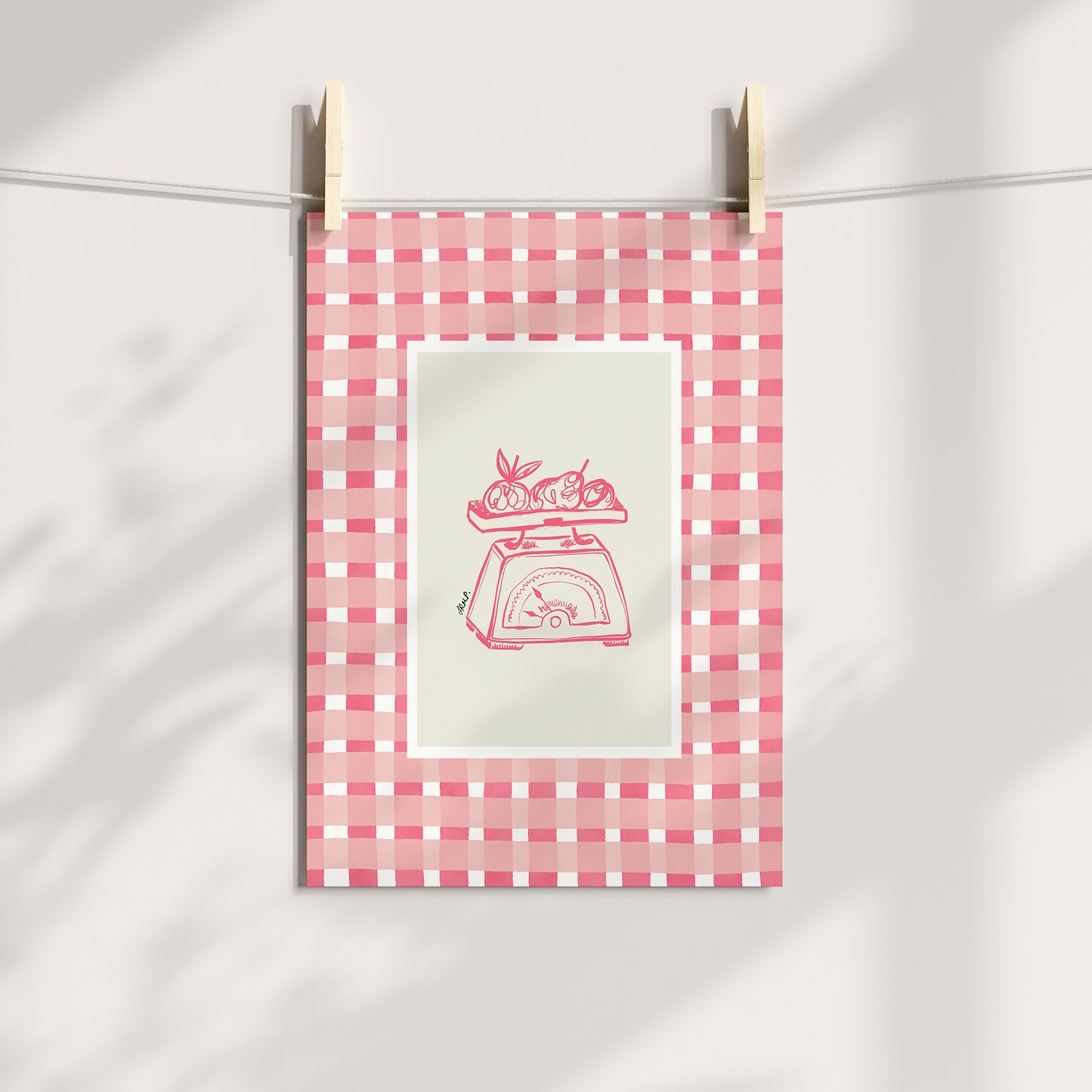 kitchen scales with pink watercolour check surround - kitchen art print by cat dearlove