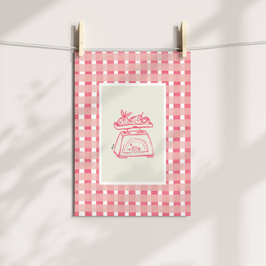 kitchen scales with pink watercolour check surround - kitchen art print by cat dearlove