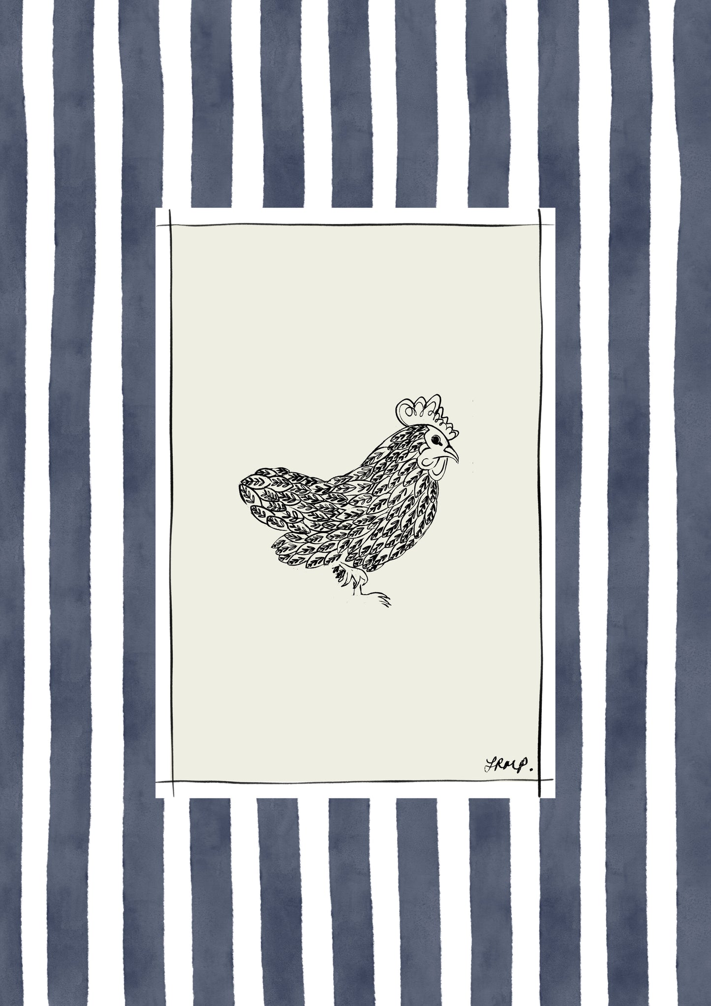 chicken with indigo watercolour striped surround - birds art print by cat dearlove