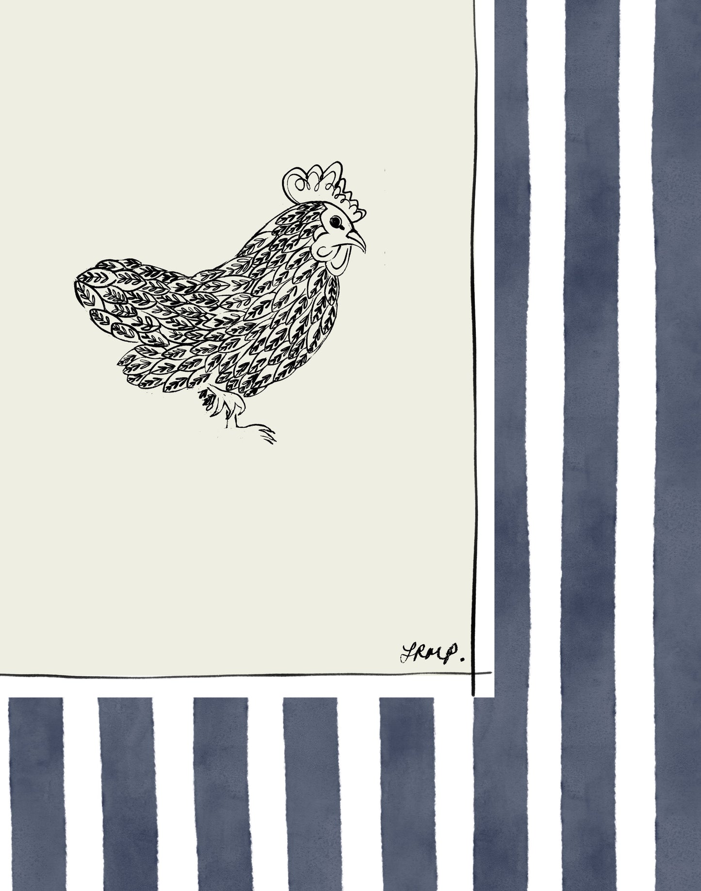 chicken with indigo watercolour striped surround - birds art print by cat dearlove