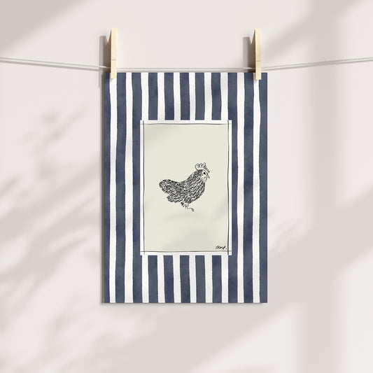chicken with indigo watercolour striped surround - birds art print by cat dearlove