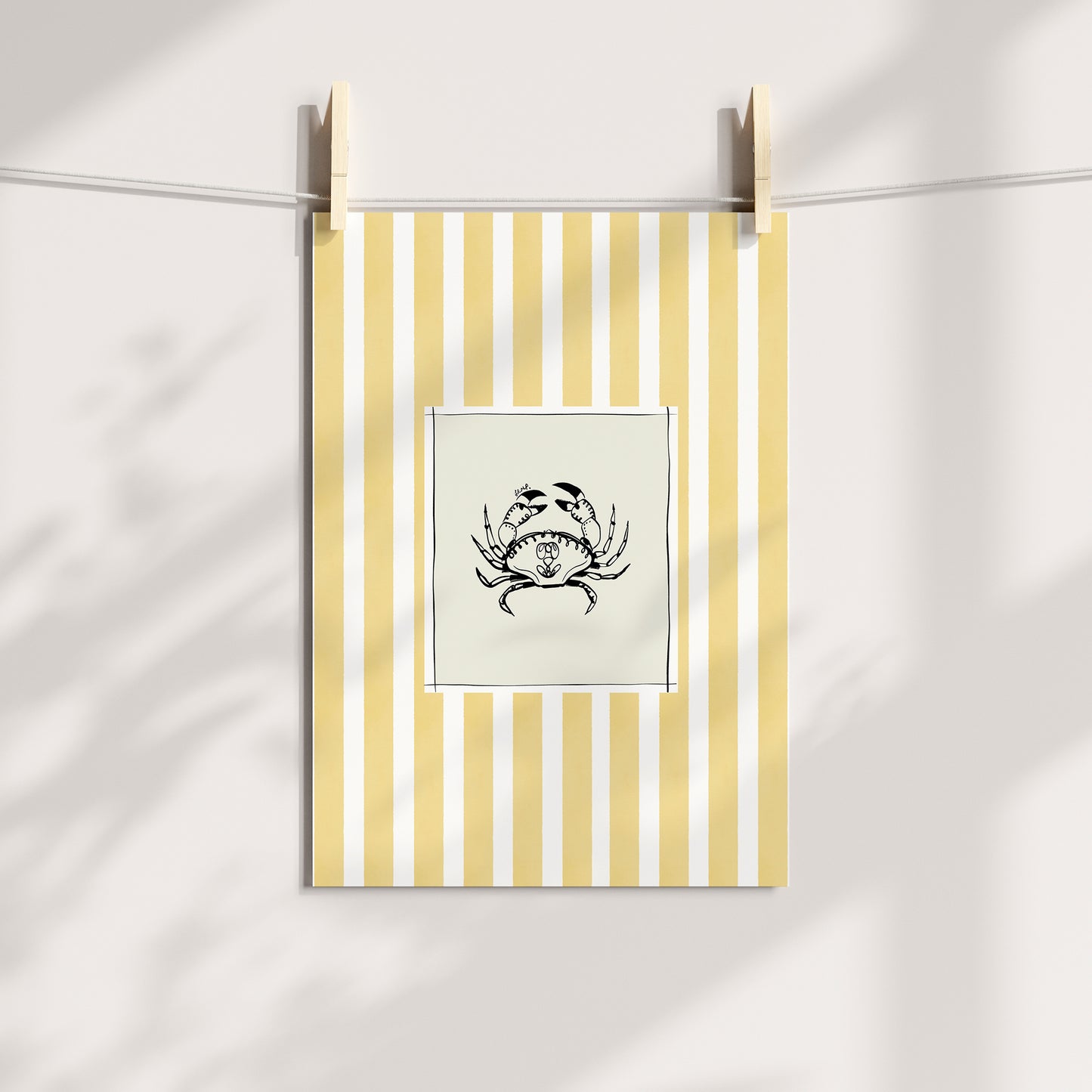 crab with yellow watercolour striped surround - fish art print by cat dearlove