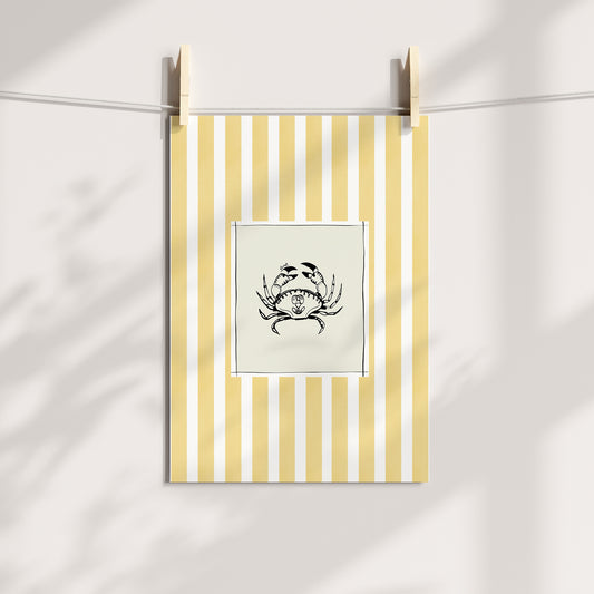 crab with yellow watercolour striped surround - fish art print by cat dearlove