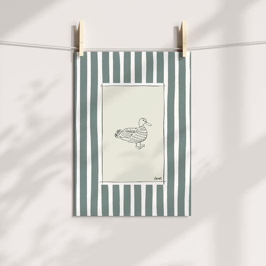 duck with dirty green watercolour striped surround - birds art print by cat dearlove