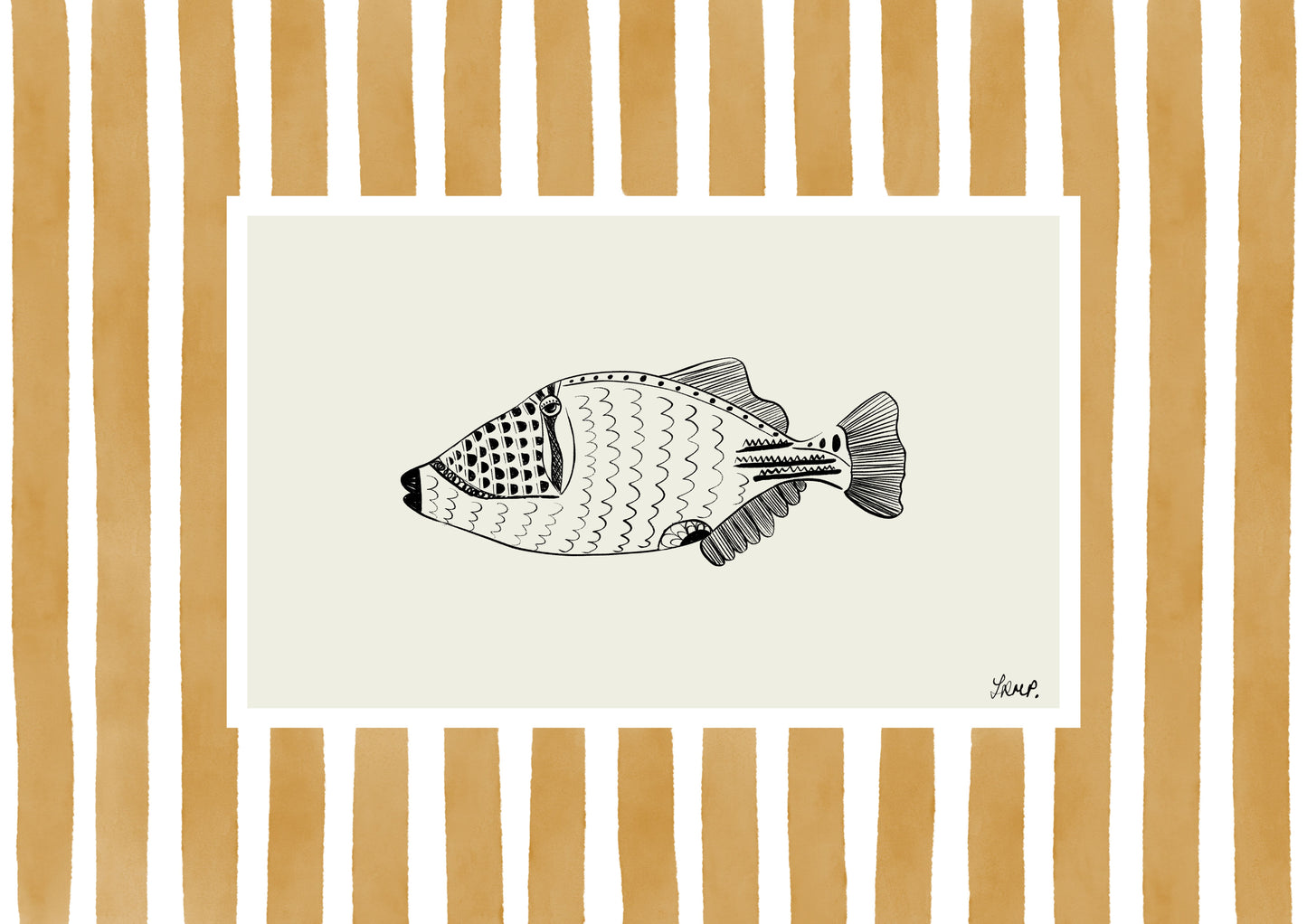 fish 1 with orange watercolour striped surround - fish art print by cat dearlove