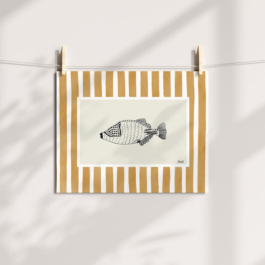 fish 1 with orange watercolour striped surround - fish art print by cat dearlove