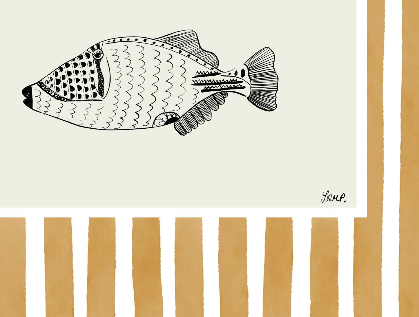 fish 1 with orange watercolour striped surround - fish art print by cat dearlove