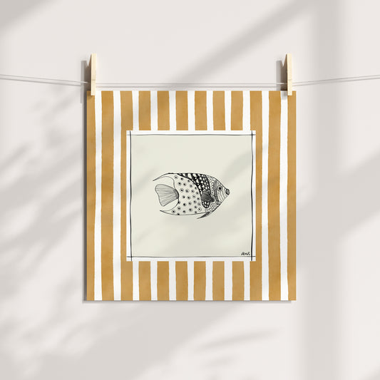 fish 2 with orange watercolour striped surround - fish art print by cat dearlove