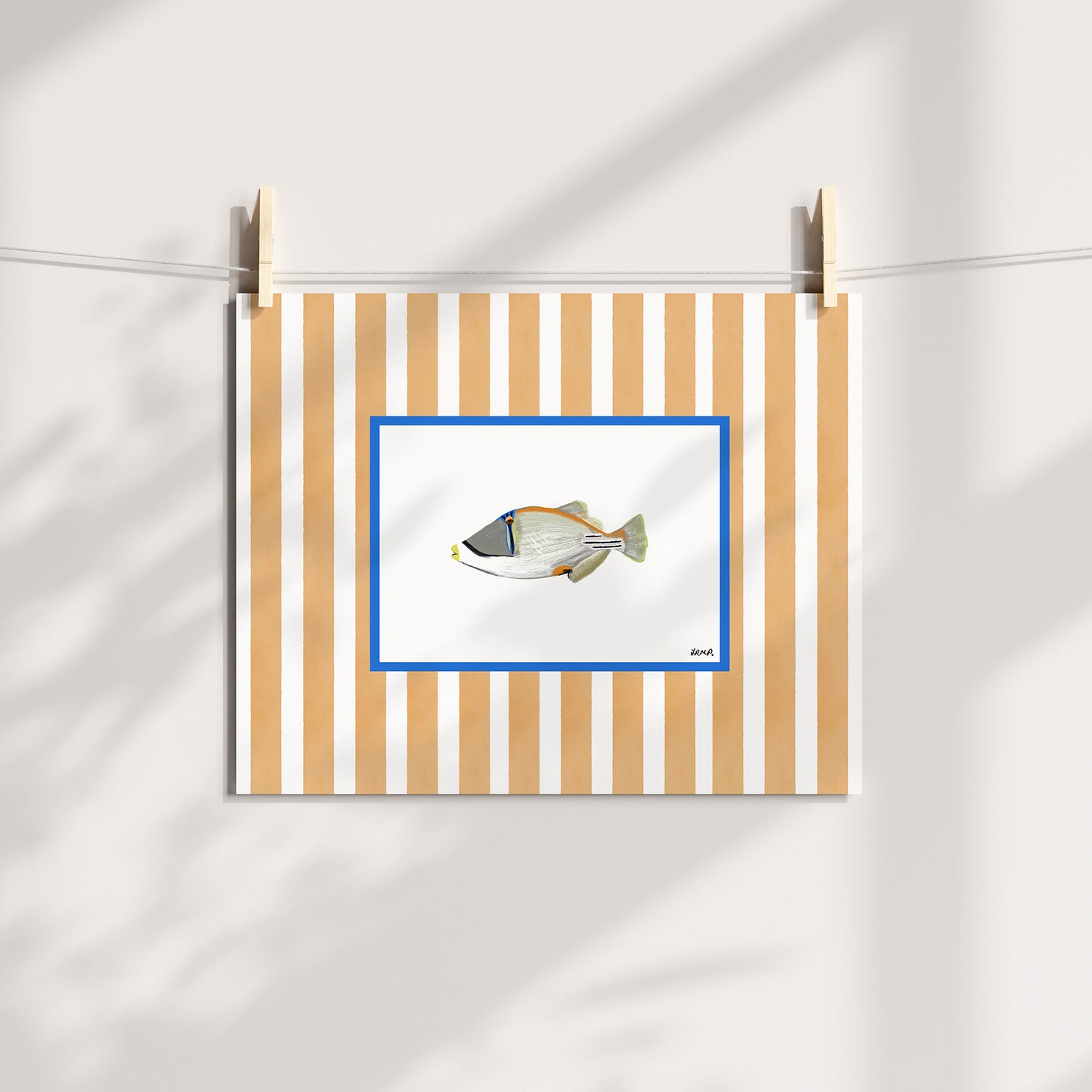 a fish in colour with orange watercolour striped surround - fish art print by cat dearlove