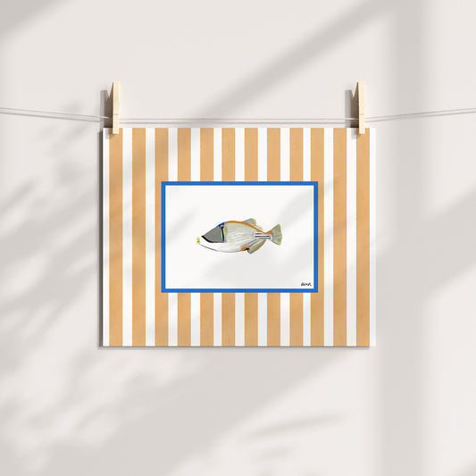 a fish in colour with orange watercolour striped surround - fish art print by cat dearlove