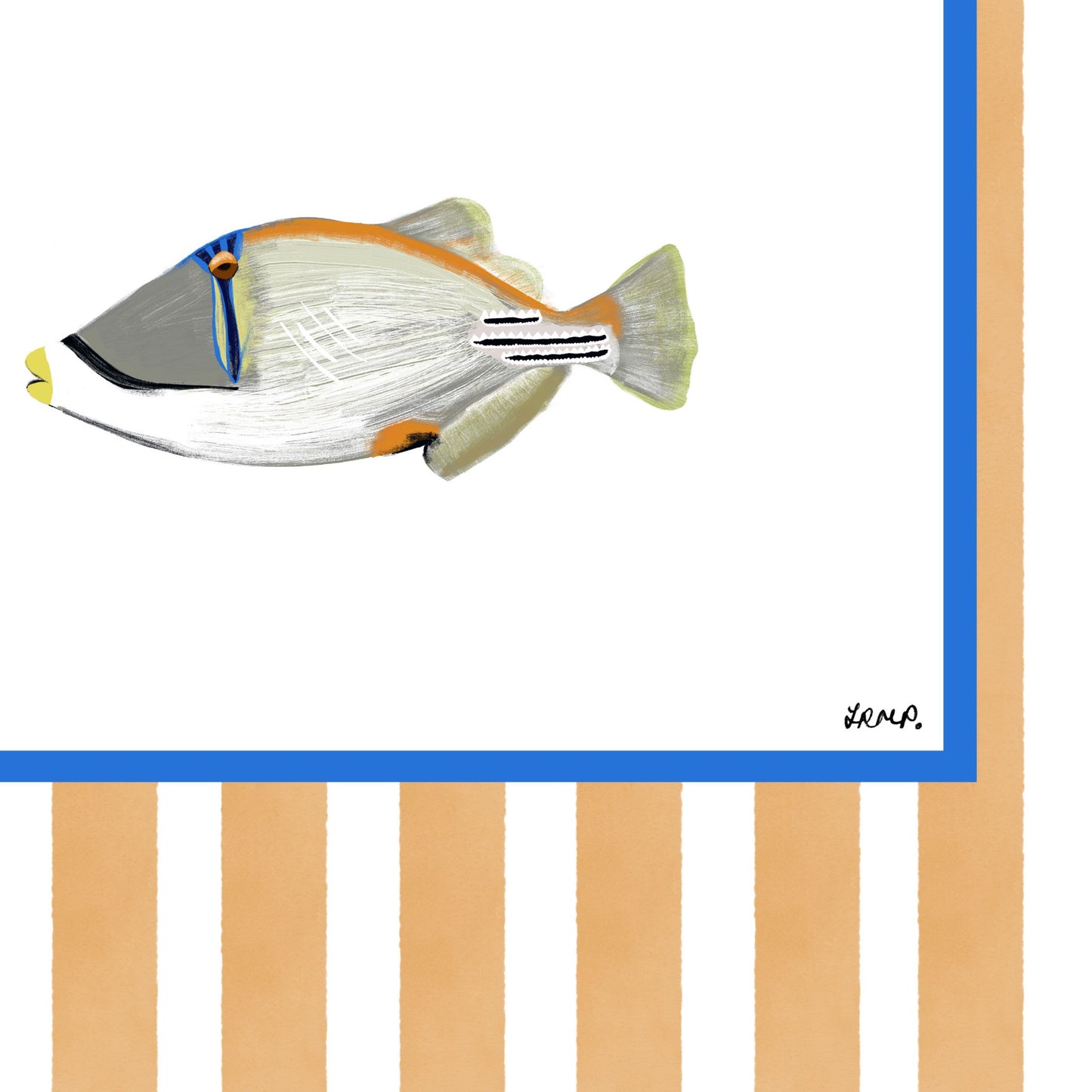 a fish in colour with orange watercolour striped surround - fish art print by cat dearlove