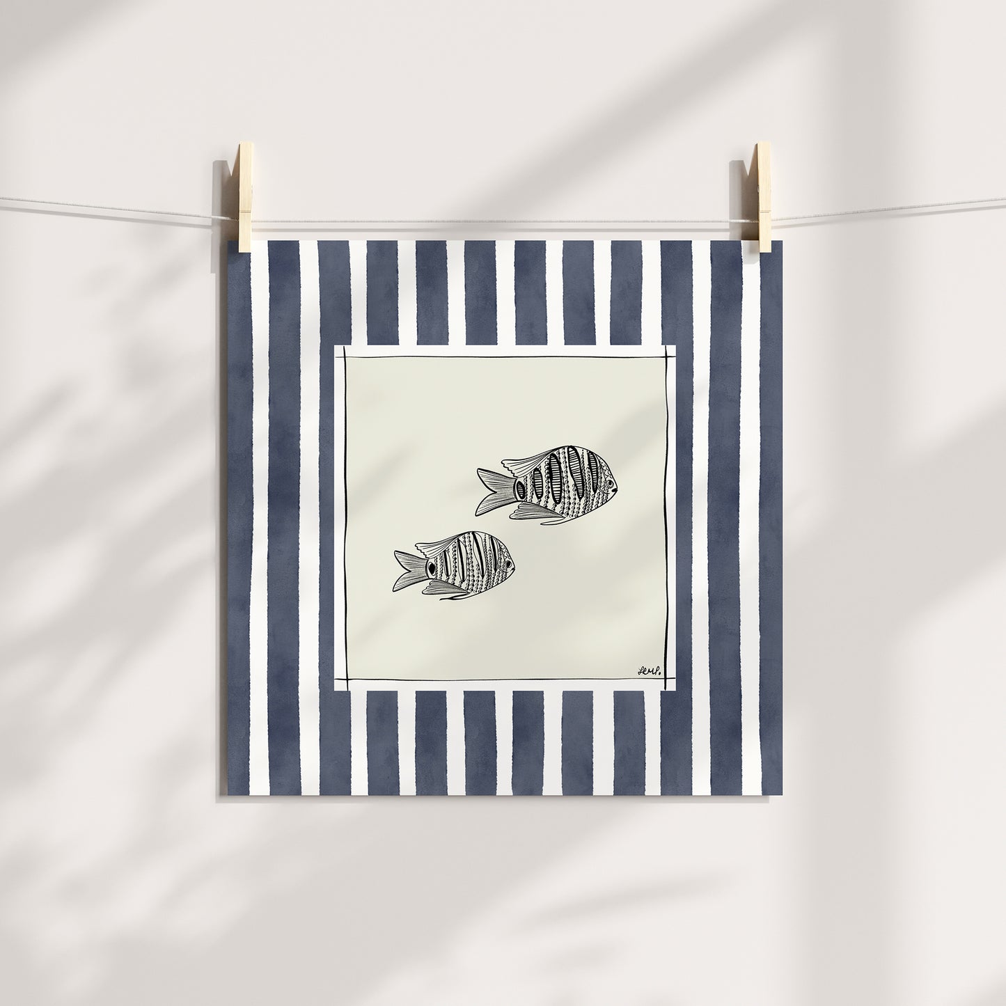 pair of fish with navy blue watercolour Striped Surround - fish art print by cat dearlove