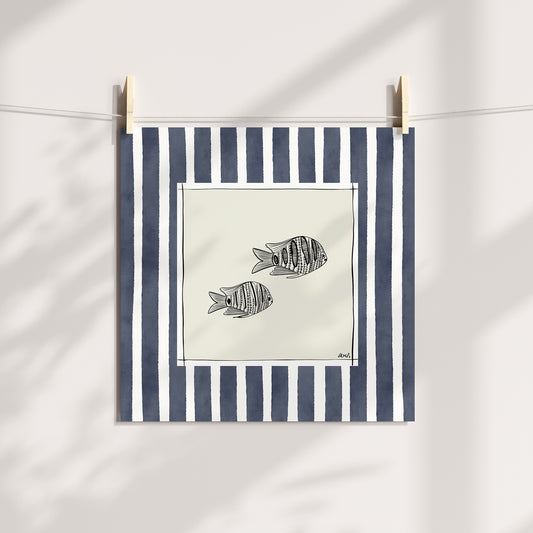 pair of fish with navy blue watercolour Striped Surround - fish art print by cat dearlove