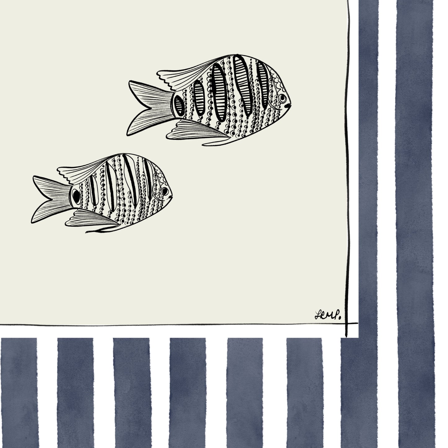 pair of fish with navy blue watercolour Striped Surround - fish art print by cat dearlove