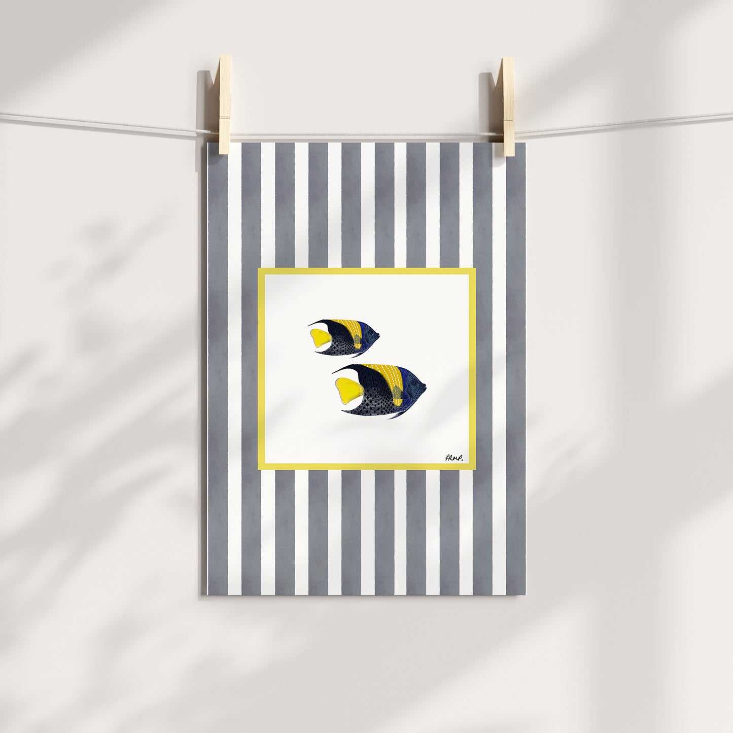 pair of fish in colour with grey blue watercolour striped surround - fish art print by cat dearlove