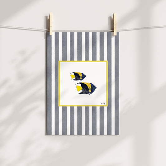 pair of fish in colour with grey blue watercolour striped surround - fish art print by cat dearlove