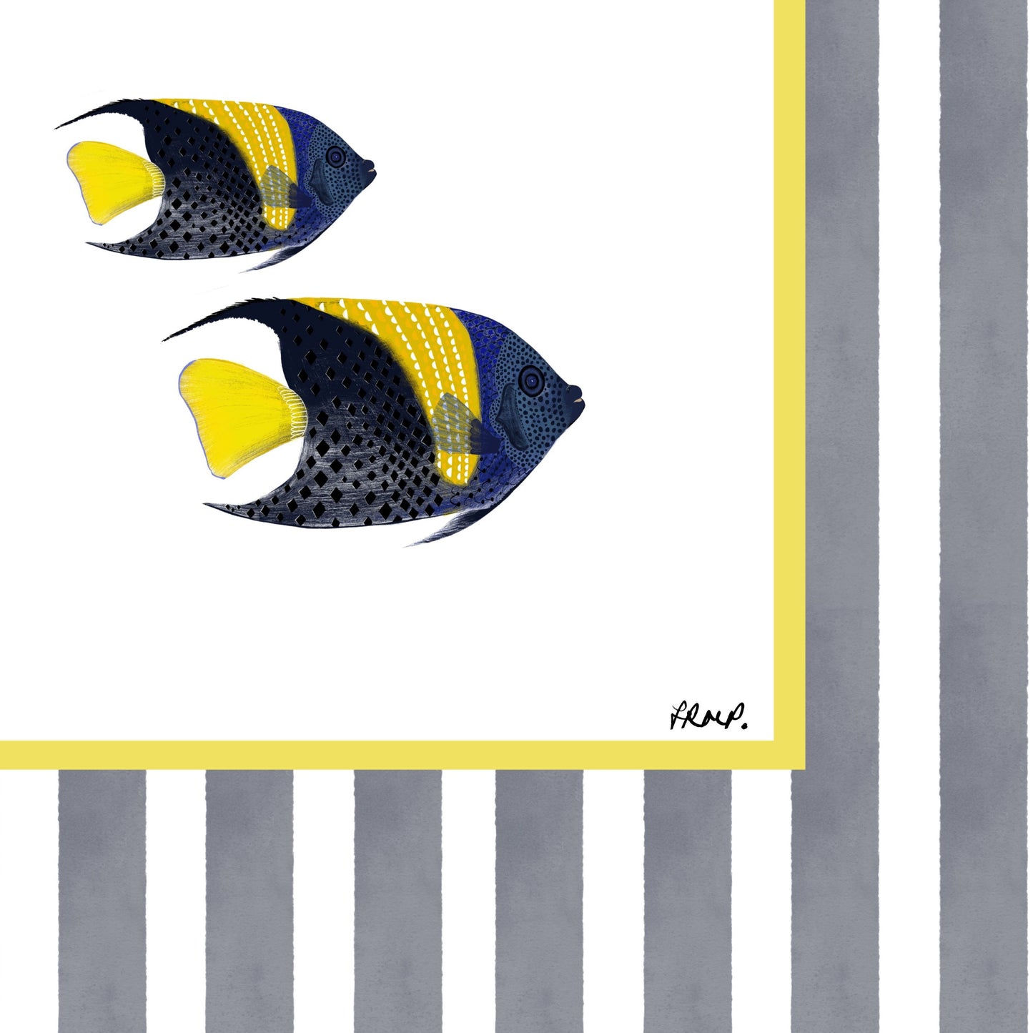 pair of fish in colour with grey blue watercolour striped surround - fish art print by cat dearlove