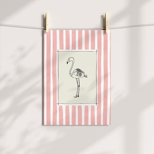 flamingo with pink watercolour striped surround - birds art print by cat dearlove