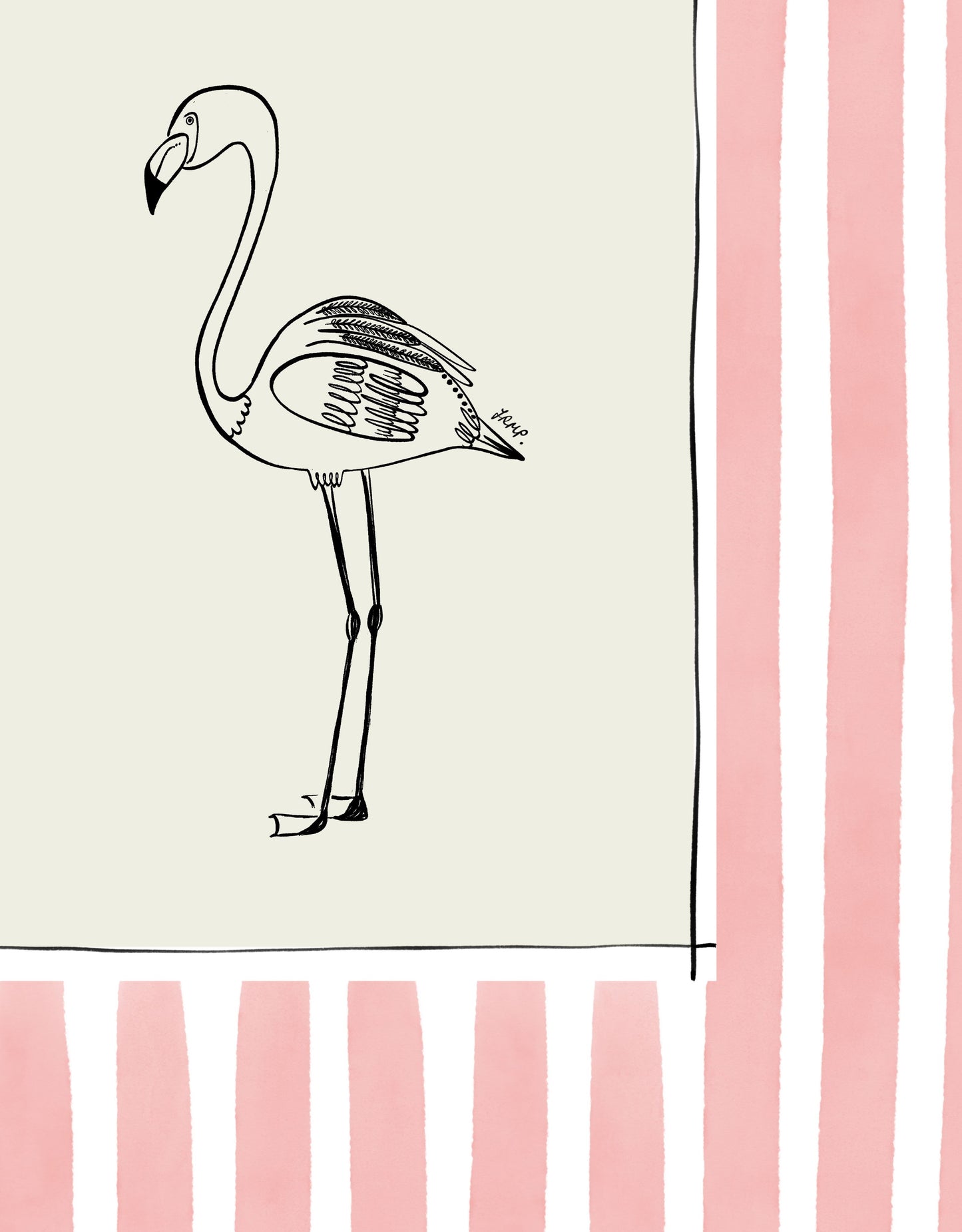 flamingo with pink watercolour striped surround - birds art print by cat dearlove