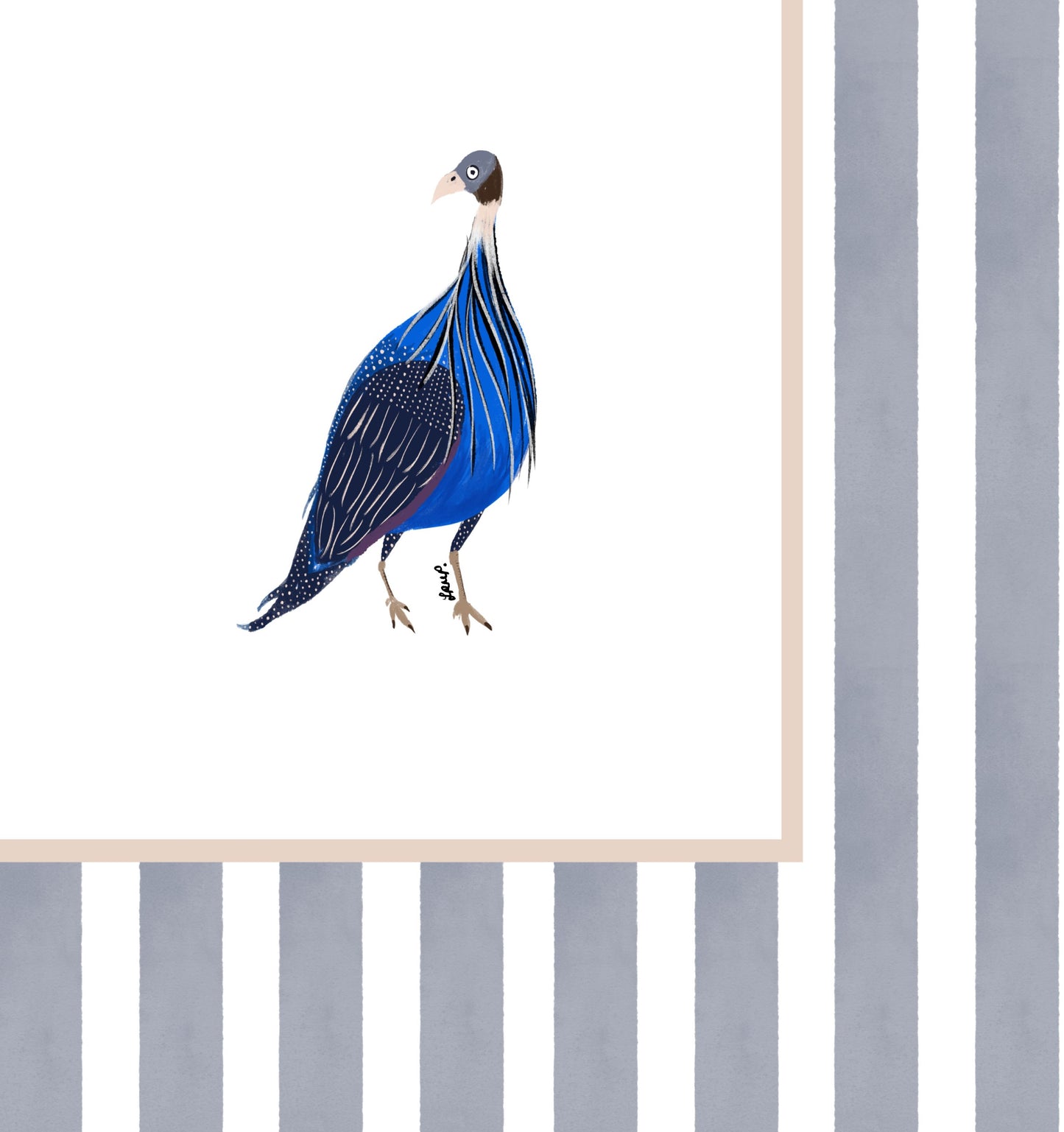 east african guinea fowl 1 with soft grey watercolour striped surround - birds art print by cat dearlove