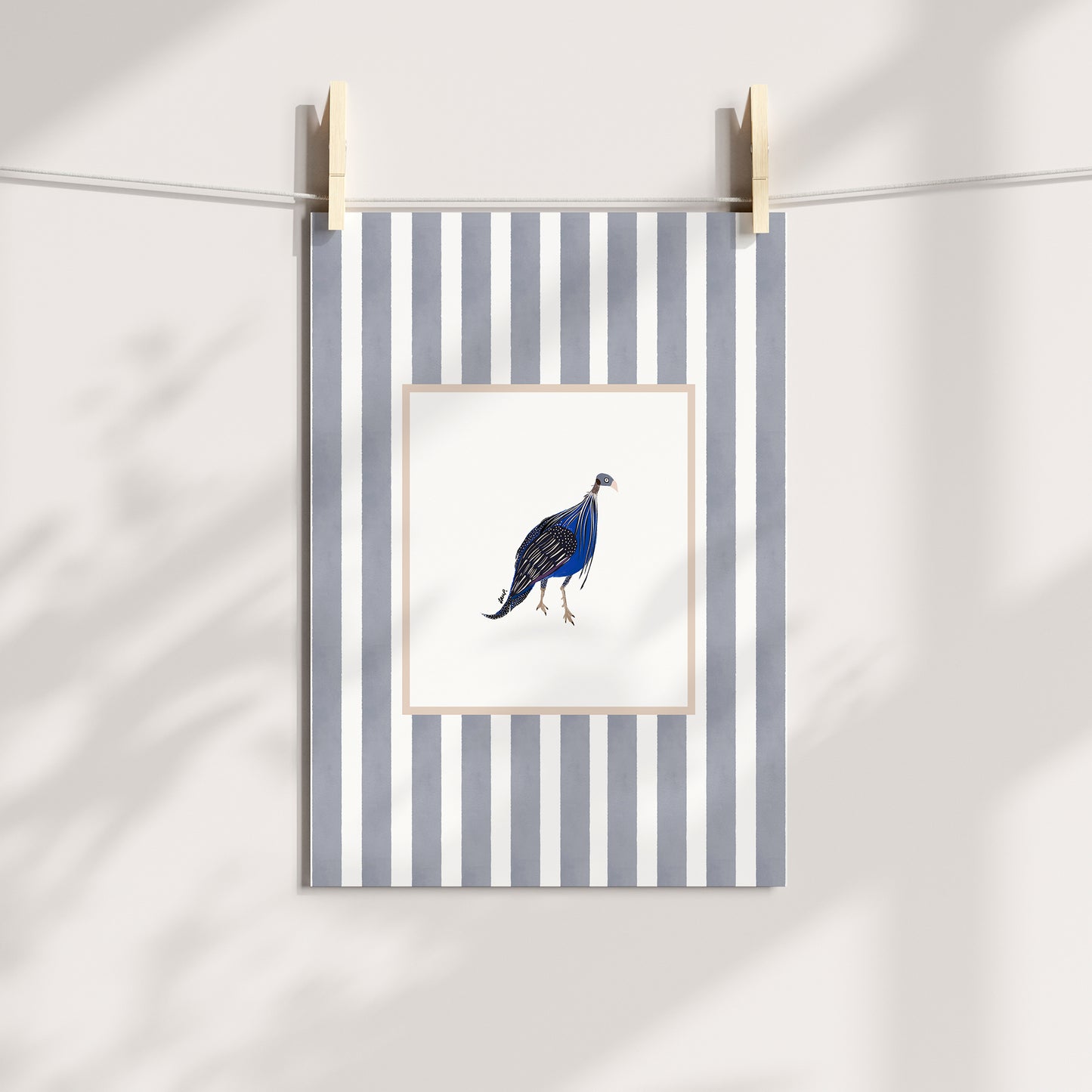 east african guinea fowl 2 with soft grey watercolour striped surround - birds art print by cat dearlove