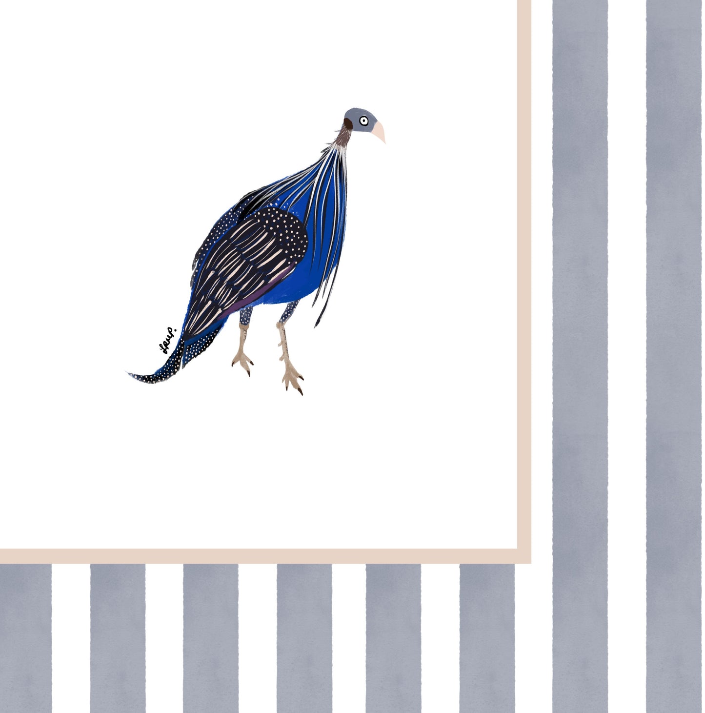 east african guinea fowl 2 with soft grey watercolour striped surround - birds art print by cat dearlove