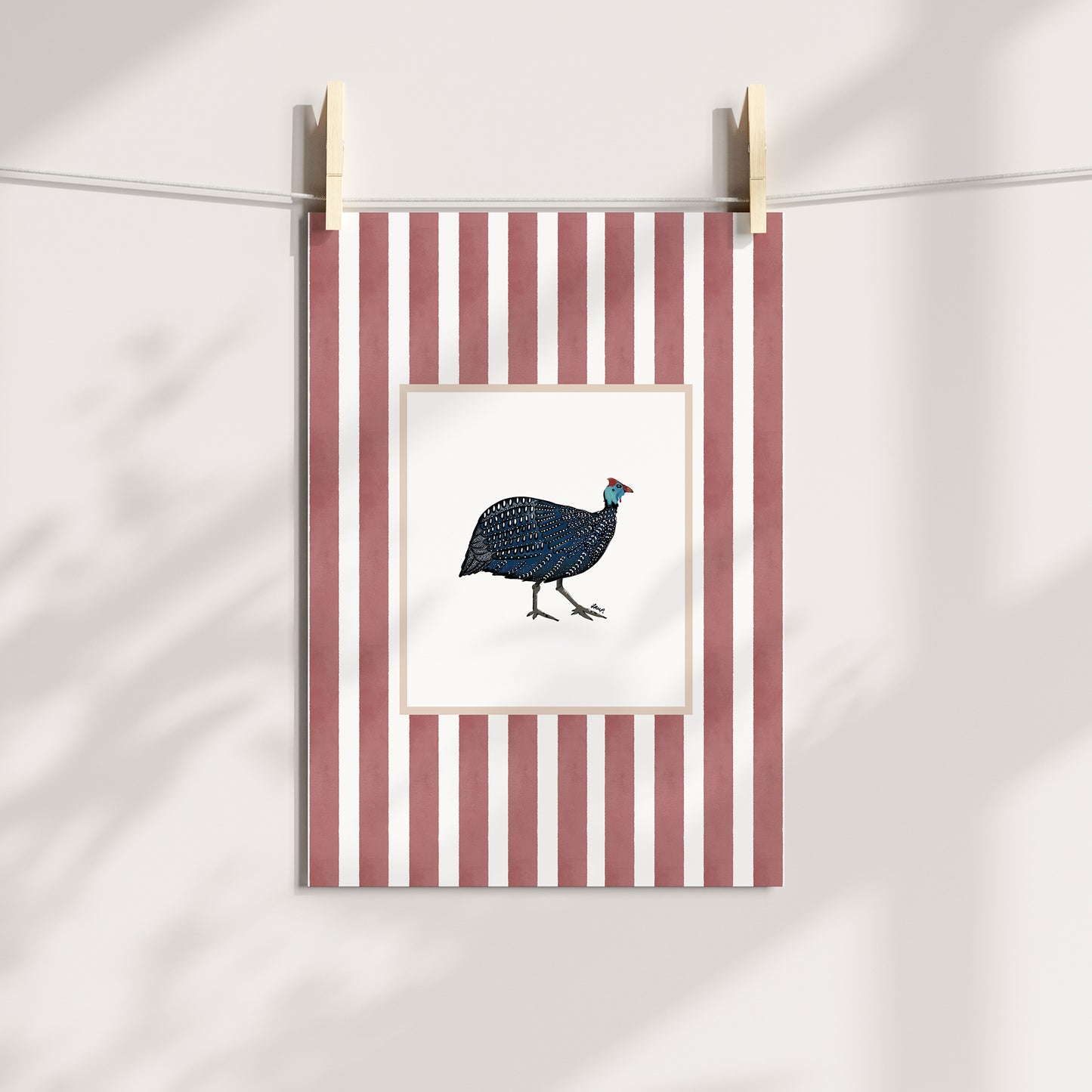 guinea fowl 3 with soft terracotta watercolour striped surround - birds art print by cat dearlove