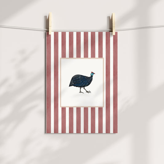 guinea fowl 3 with soft terracotta watercolour striped surround - birds art print by cat dearlove