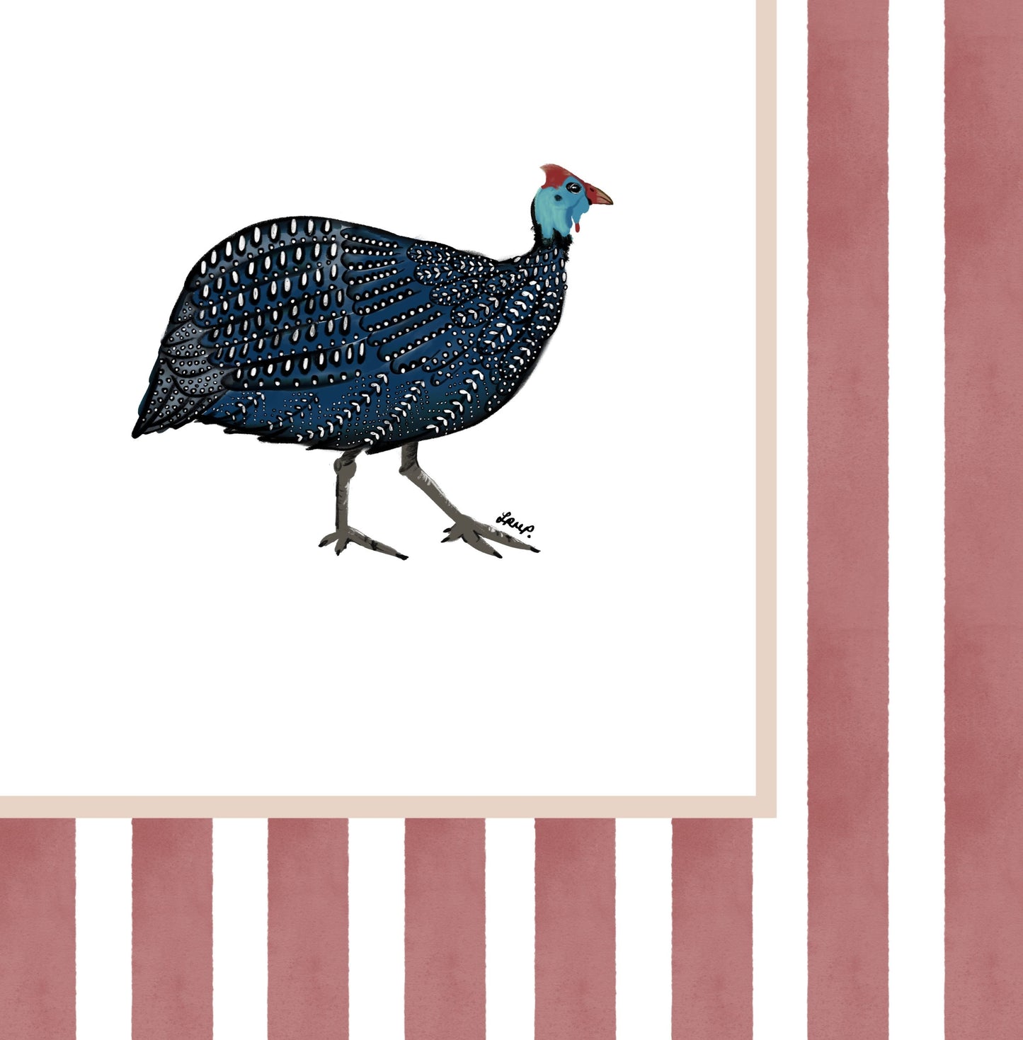 guinea fowl 3 with soft terracotta watercolour striped surround - birds art print by cat dearlove