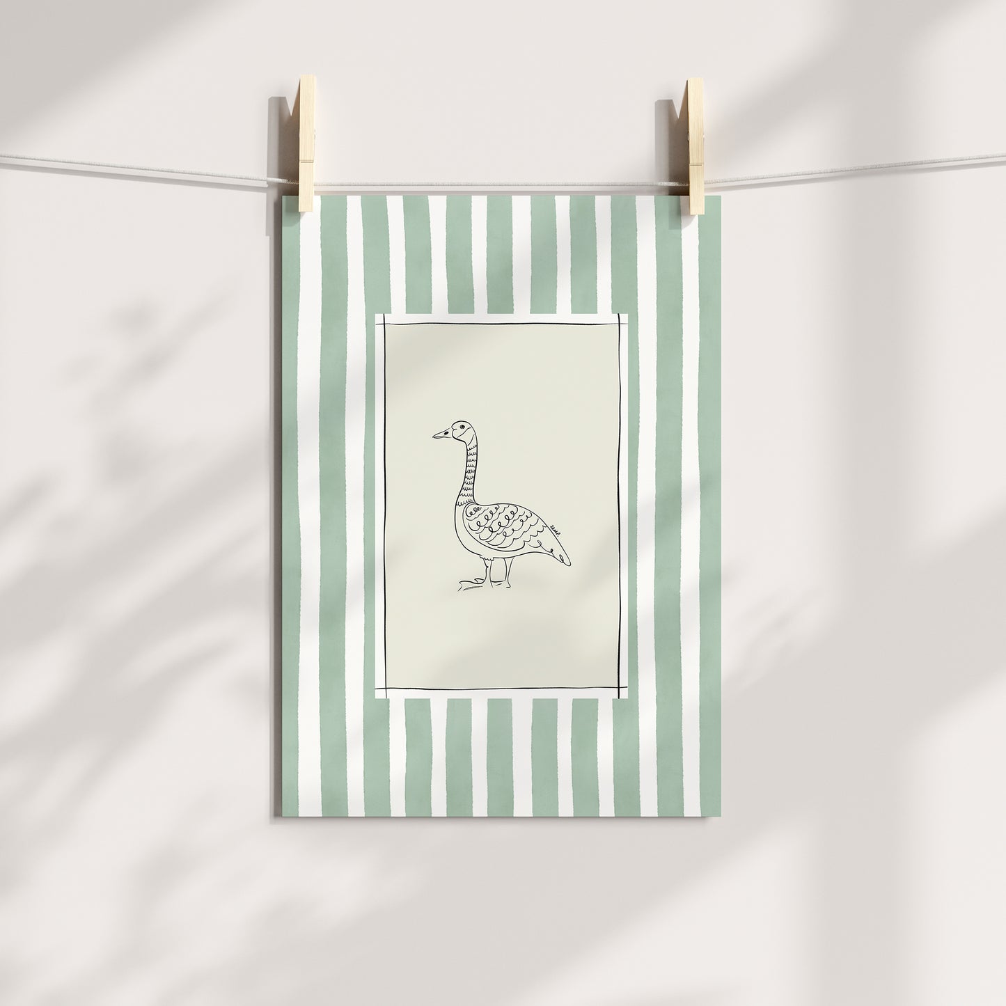 goose with green watercolour striped surround - birds art print by cat dearlove