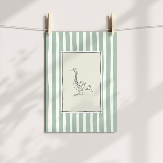 goose with green watercolour striped surround - birds art print by cat dearlove