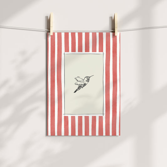 hummingbird with light red watercolour striped surround - birds art print by cat dearlove