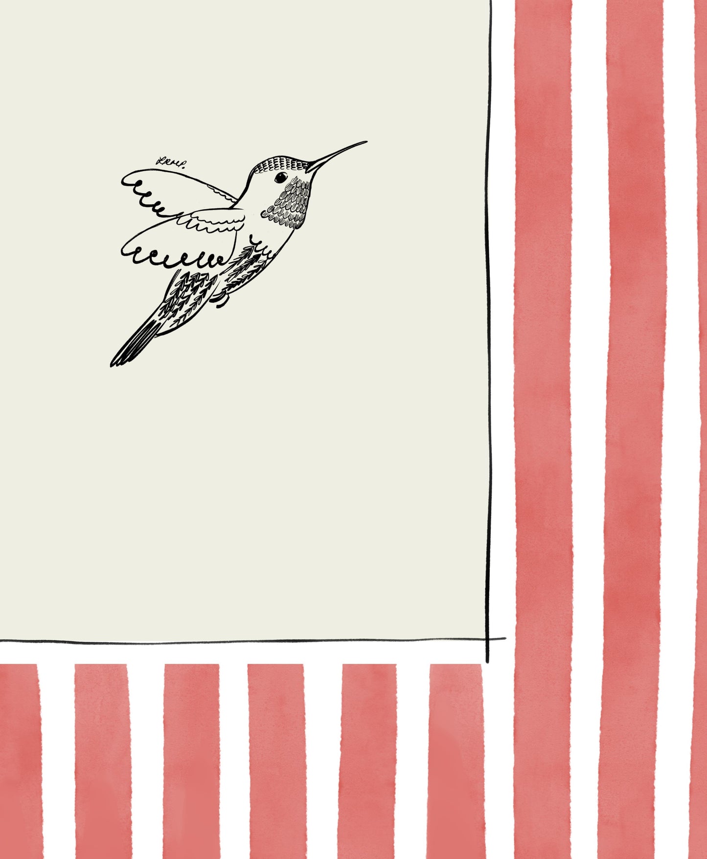 hummingbird with light red watercolour striped surround - birds art print by cat dearlove